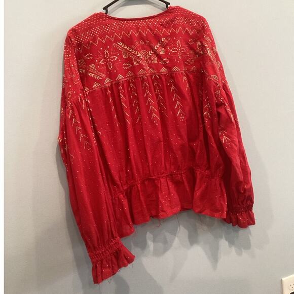 Free People Womens Poet Blouse Size Large Peasant Top Western Red Boho Festival - Picture 5 of 11